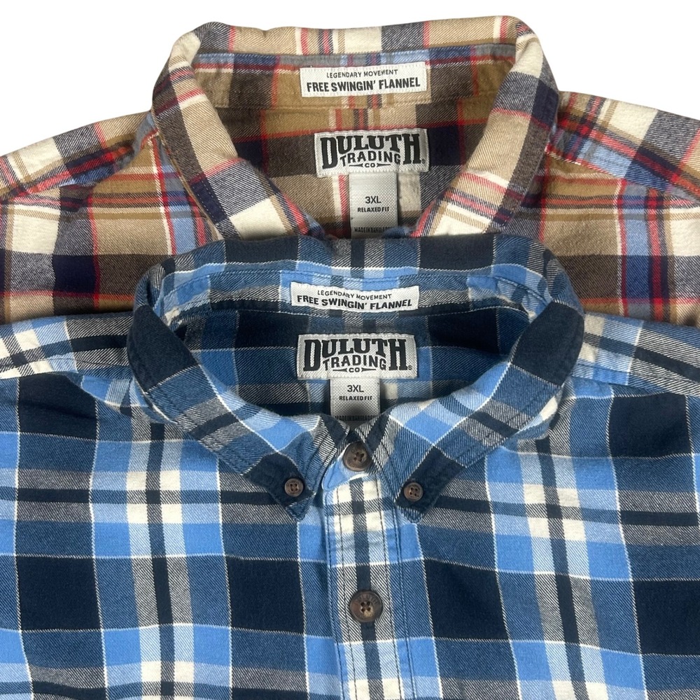 Duluth Trading Co Free Swingin Flannel Shirt 3XL Relaxed Fit Brown Blue Plaid